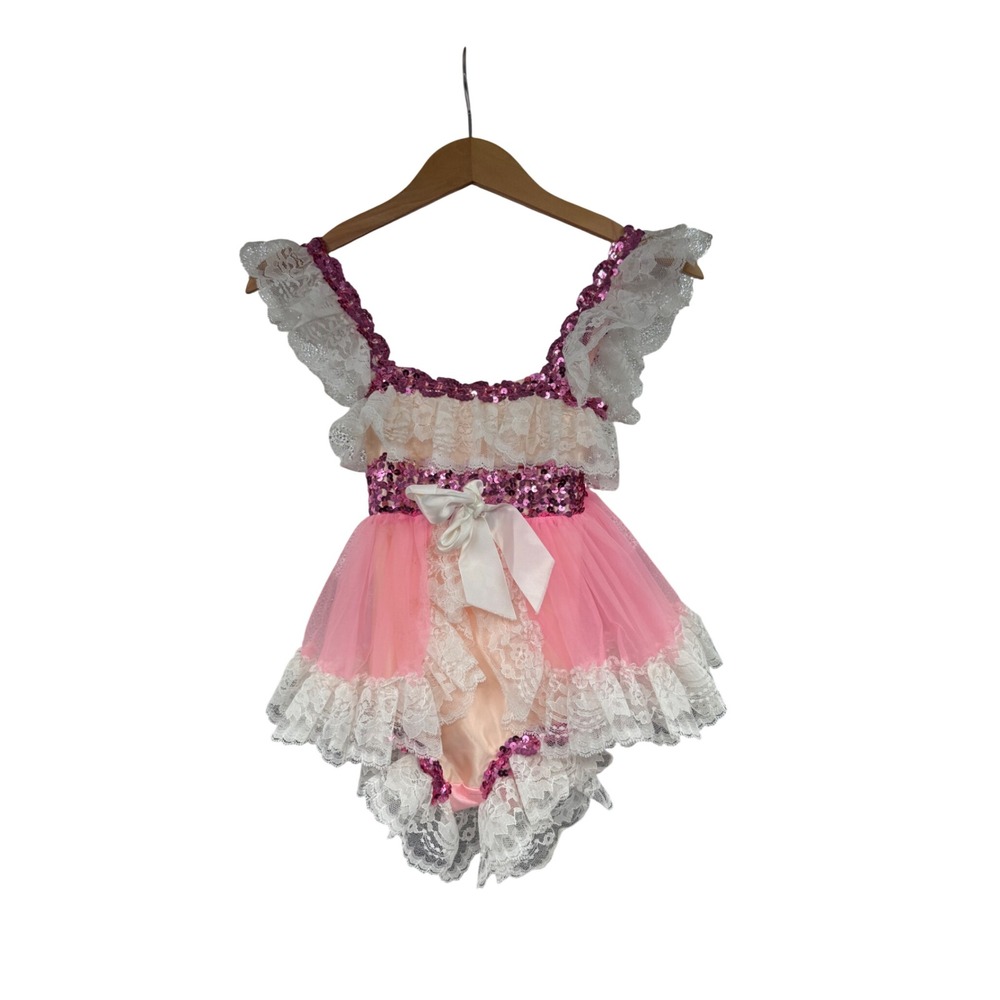 Vintage Leos Pink Sequin Lace Dance Costume Pageant Leotard Tutu Kids Size 6 USA